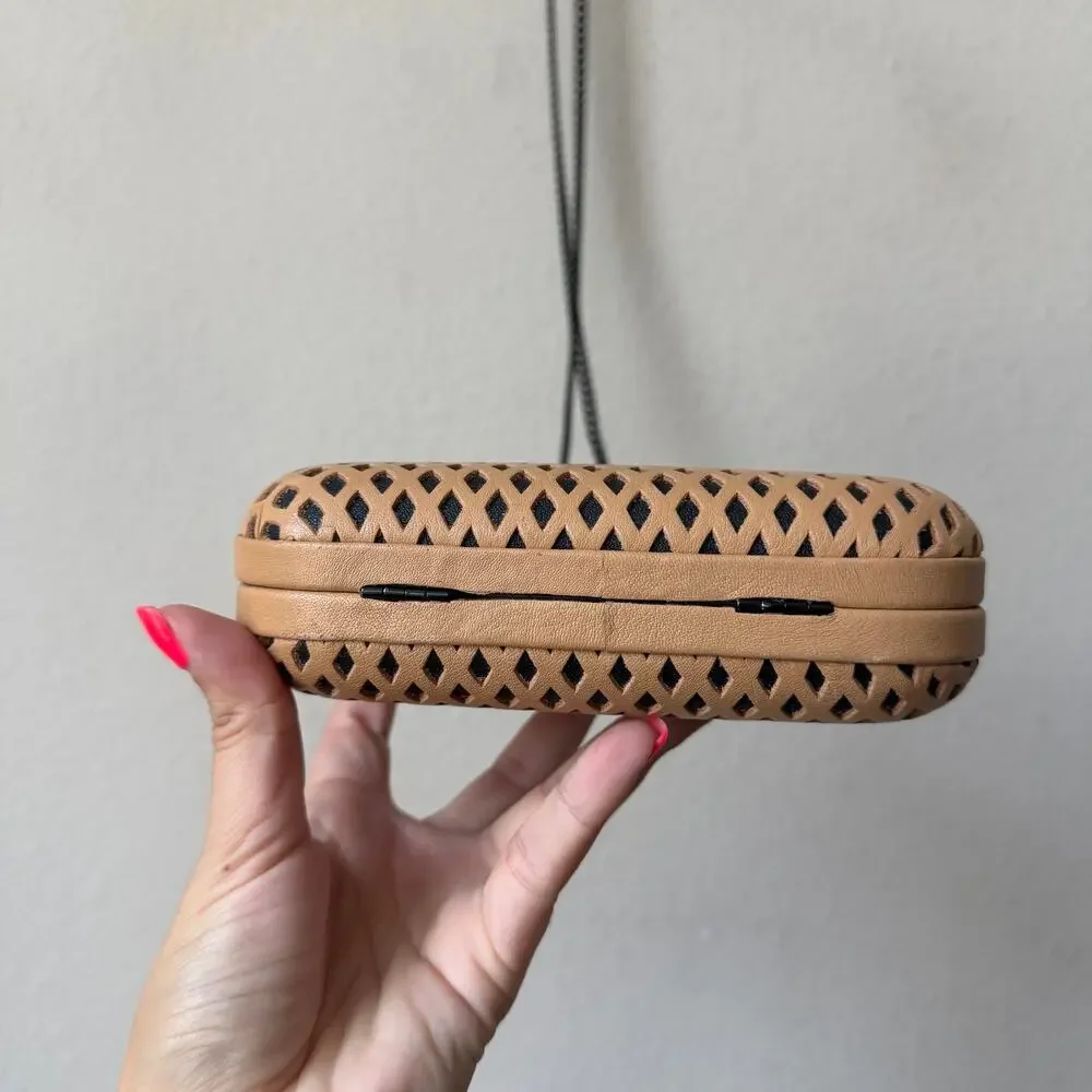 Loeffler Randall Laser Cut Leather Minaudière Clutch in Camel Black